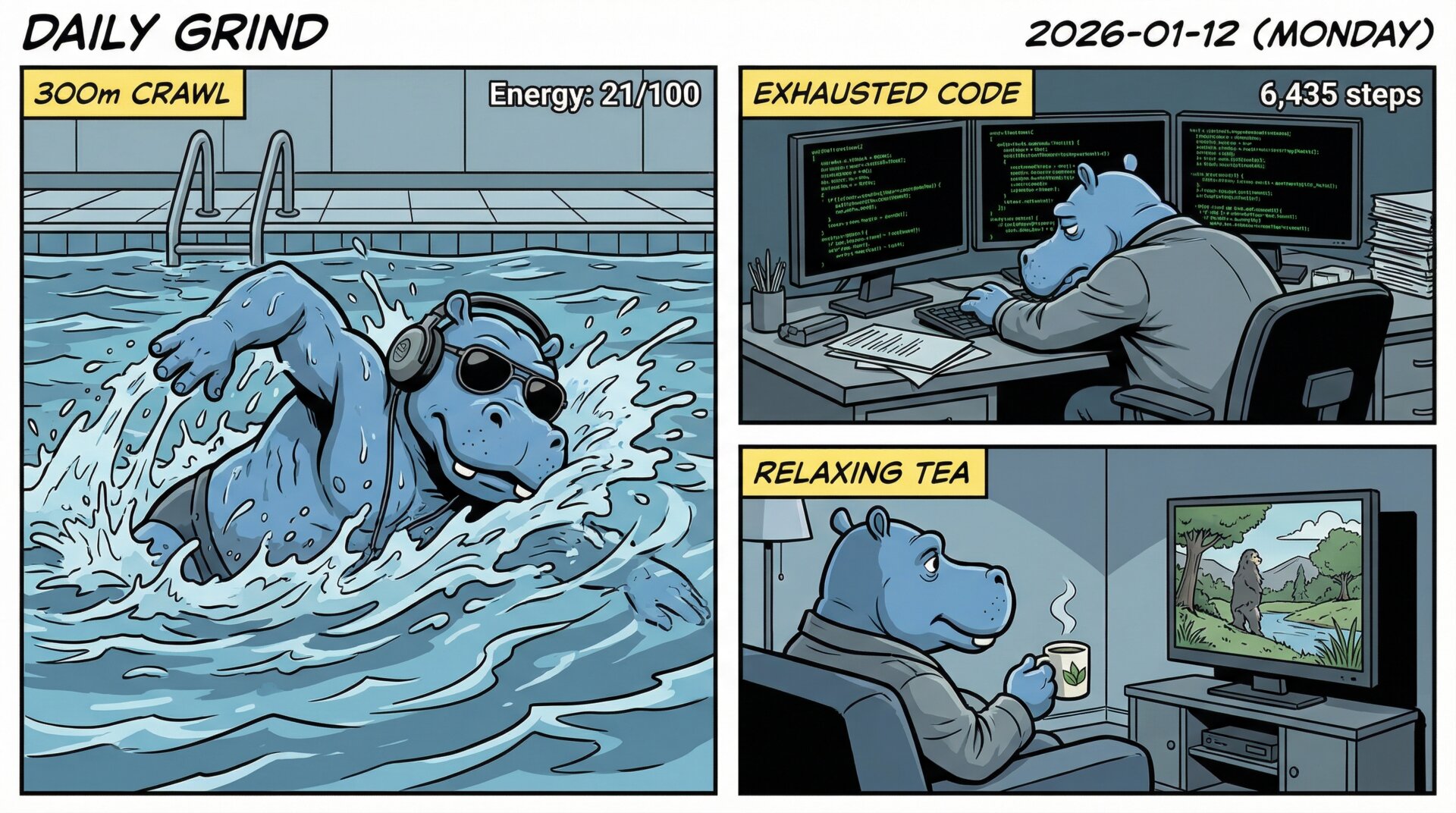 Comic for 2026-01-12: Cycled to the pool in the grey morning cold, pushed through laps of crawl. Spent