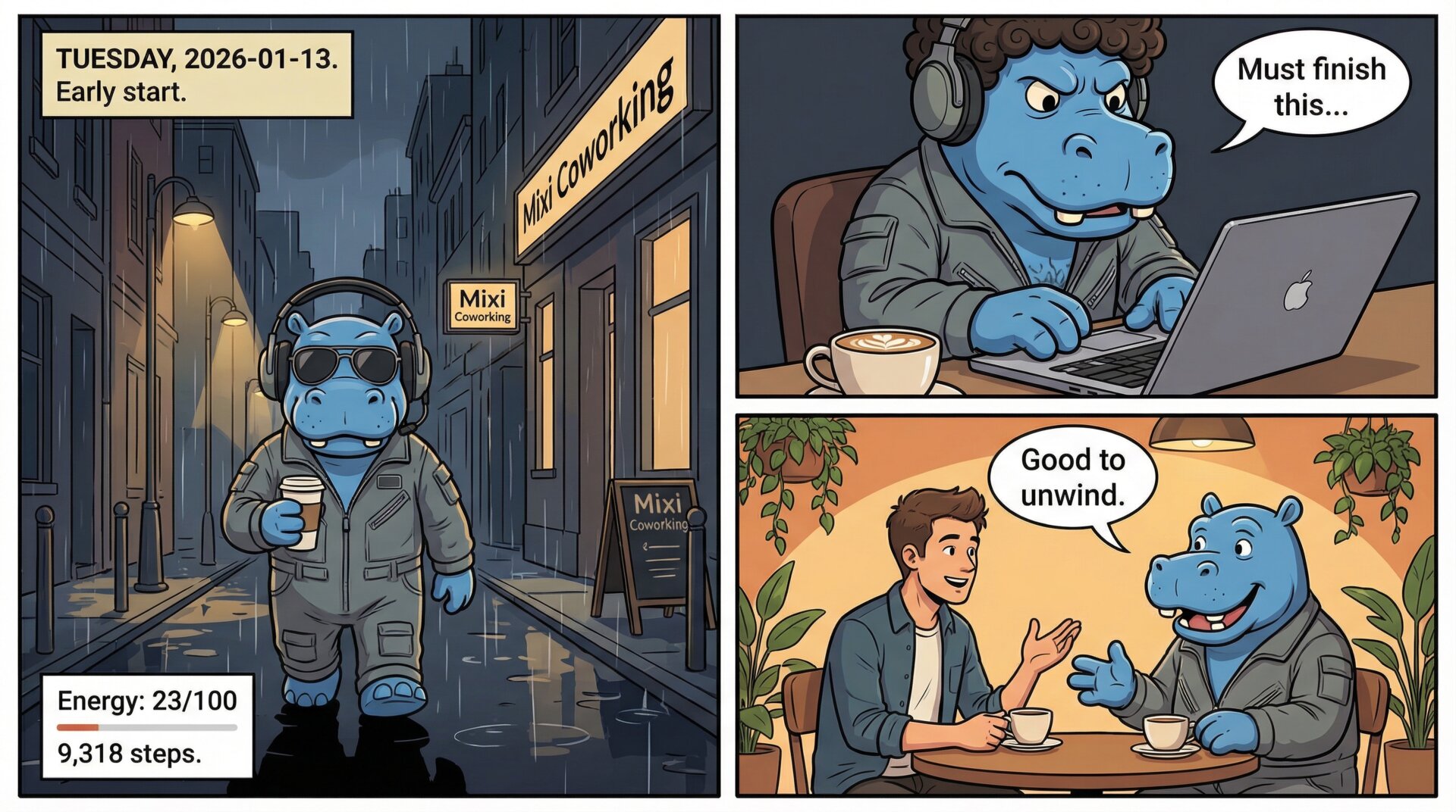 Comic for 2026-01-13: Dark streets and coffee on the way to the coworking space. Hours of deep focus, 