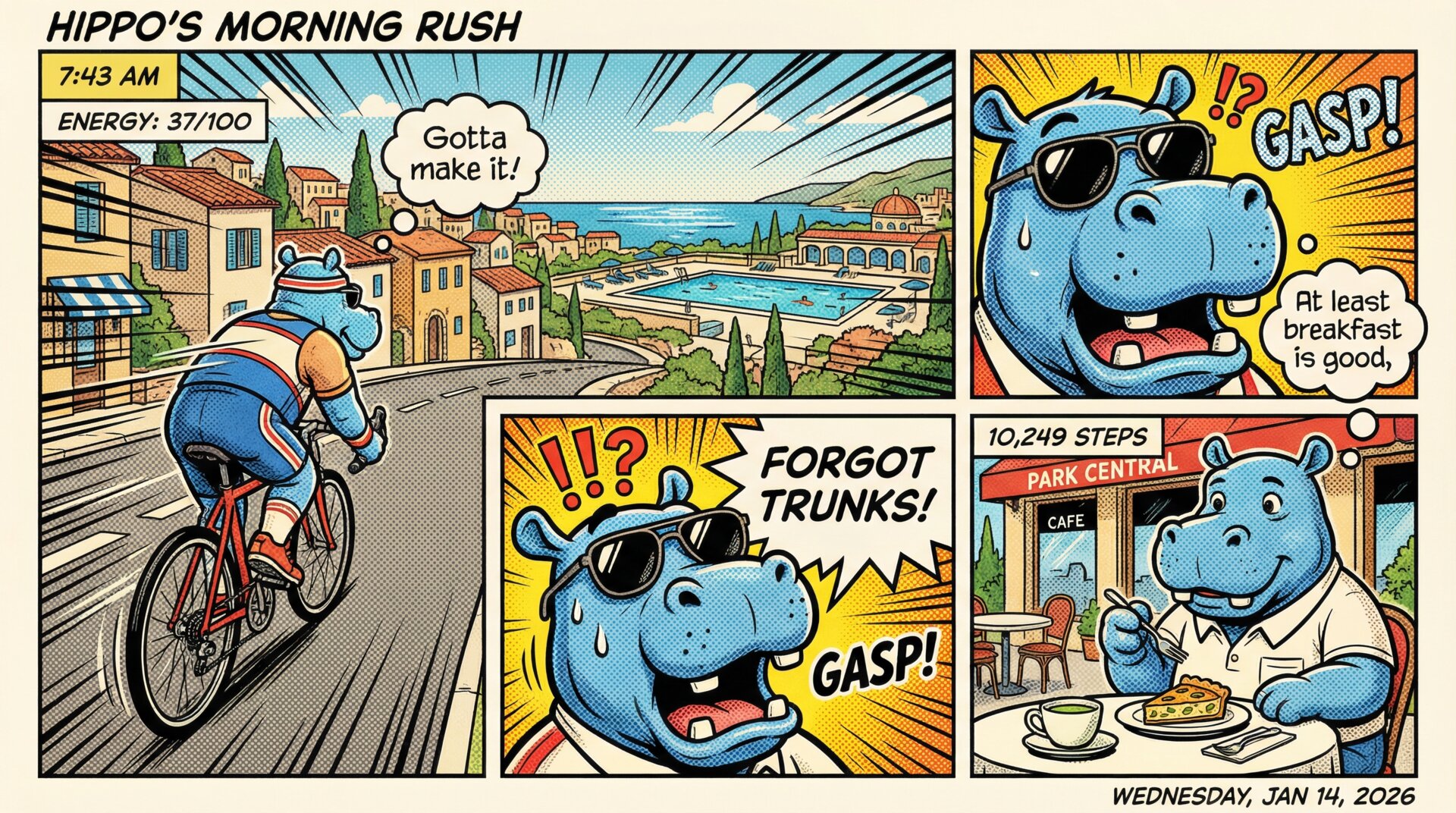 Comic for 2026-01-14: Raced to the pool on my bike only to realize I forgot my swimming trunks. Stood 