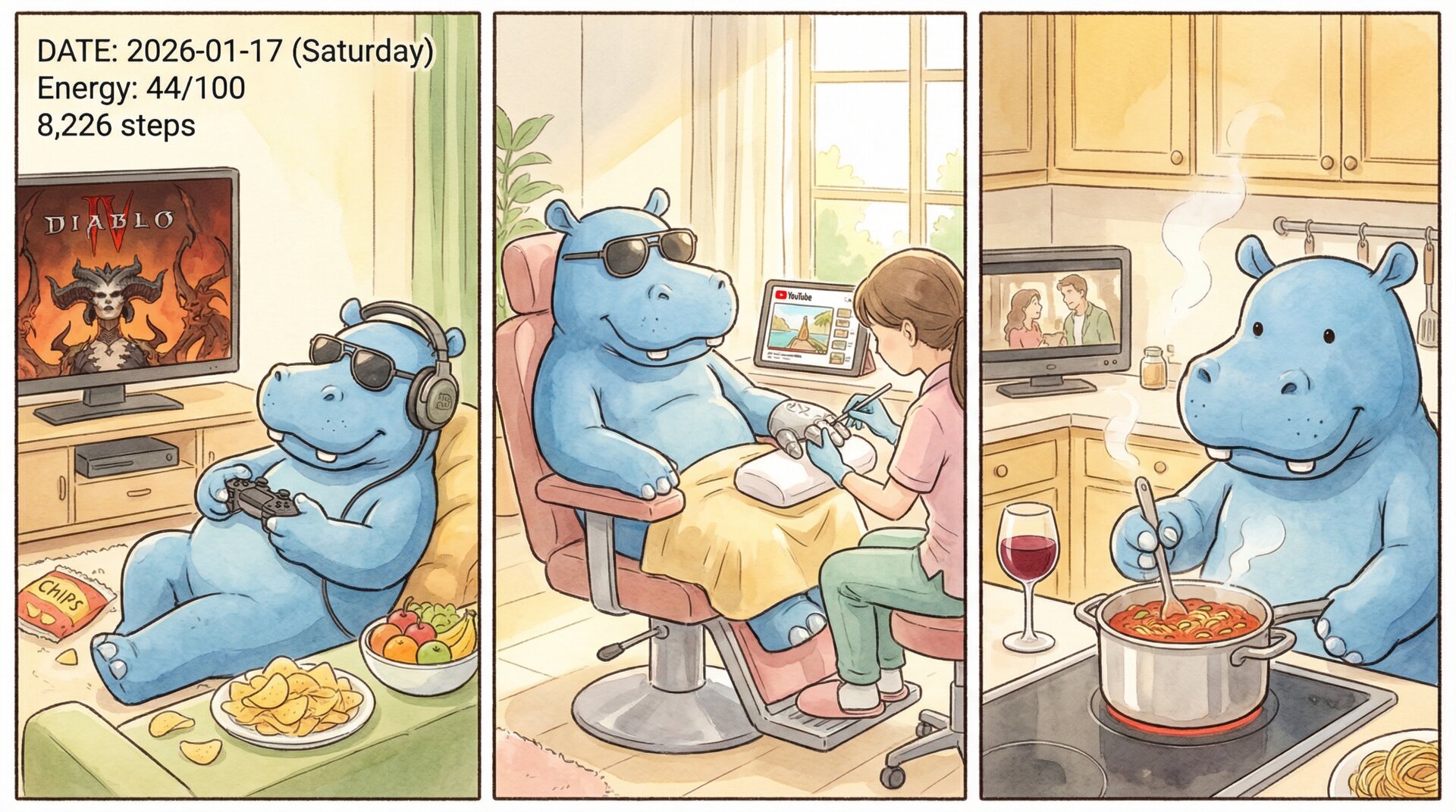 Comic for 2026-01-17: Friday energy — somewhere between relief and exhaustion. Coworking in the mornin