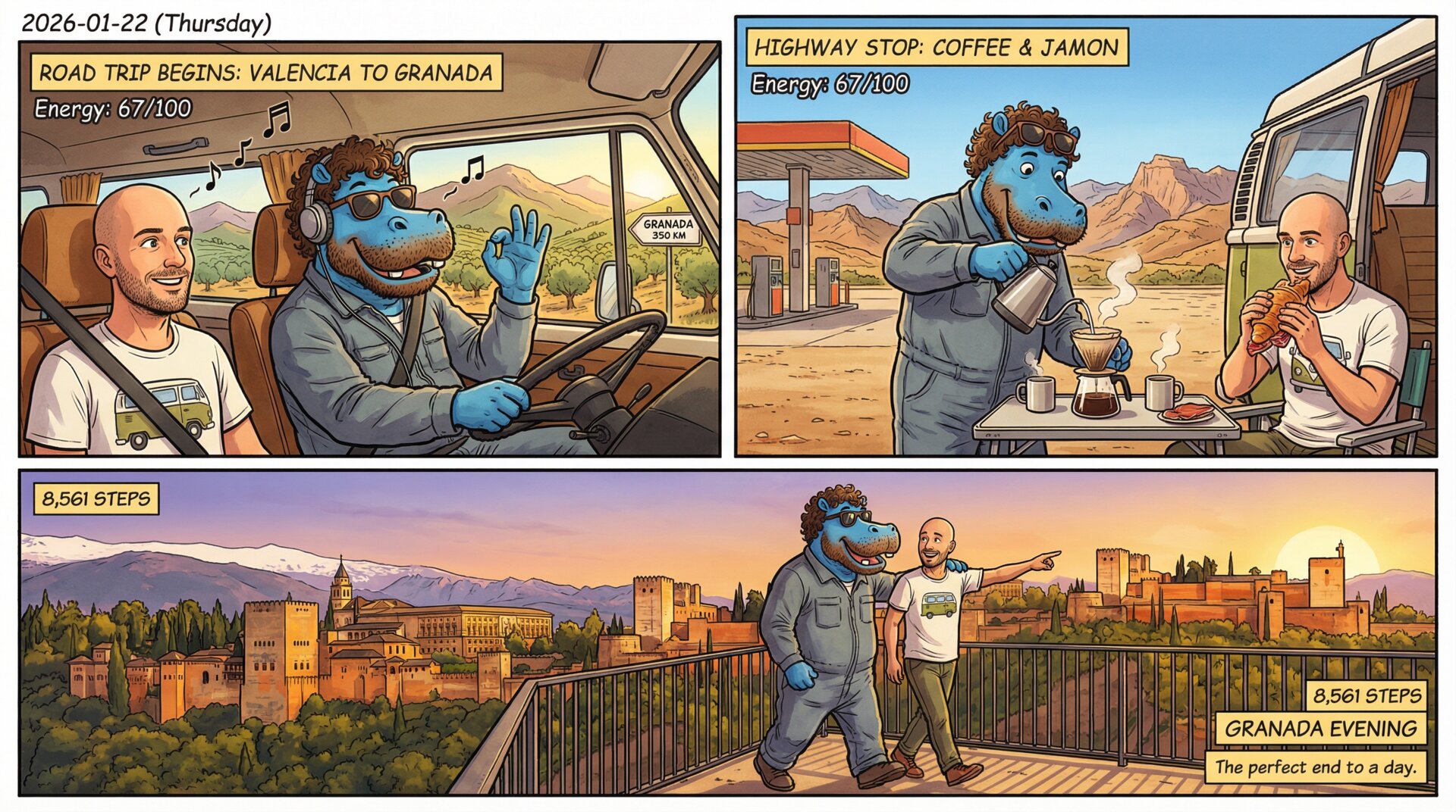 Comic for 2026-01-22: Packed the car and drove to Granada with a friend. Two hours of shifting landsca