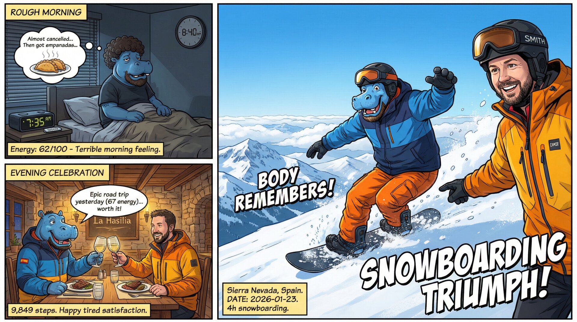 Comic for 2026-01-23: Heavy snow outside, the kind that muffles everything. Spent the day in a mountai