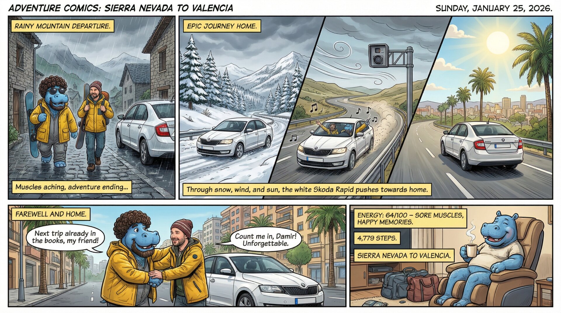 Comic for 2026-01-25: The drive back to Valencia — snow giving way to wind, then sudden sunshine near 
