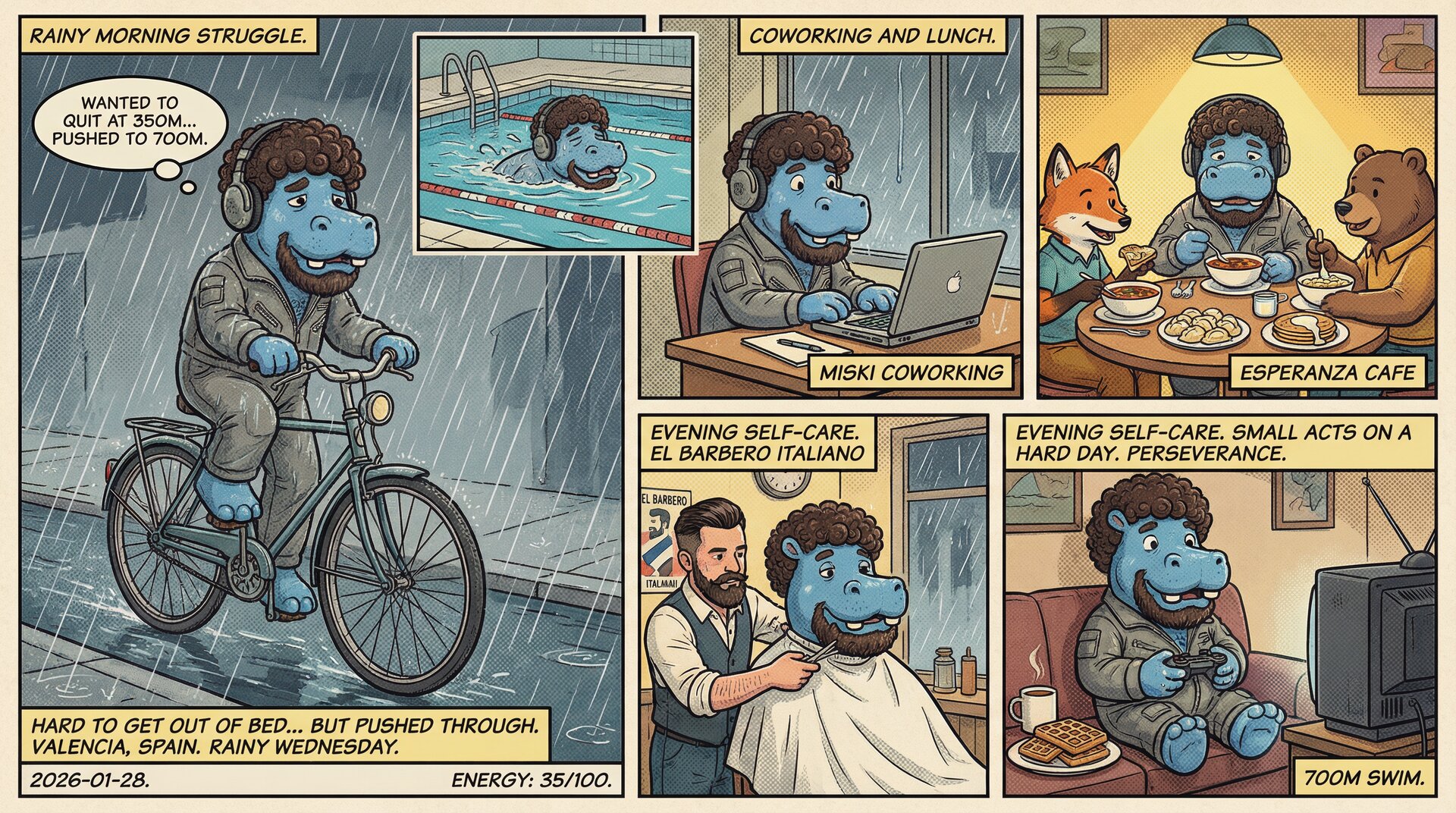 Comic for 2026-01-28: Moderate rain all day, the kind that makes you cancel outdoor plans. Dove deep i