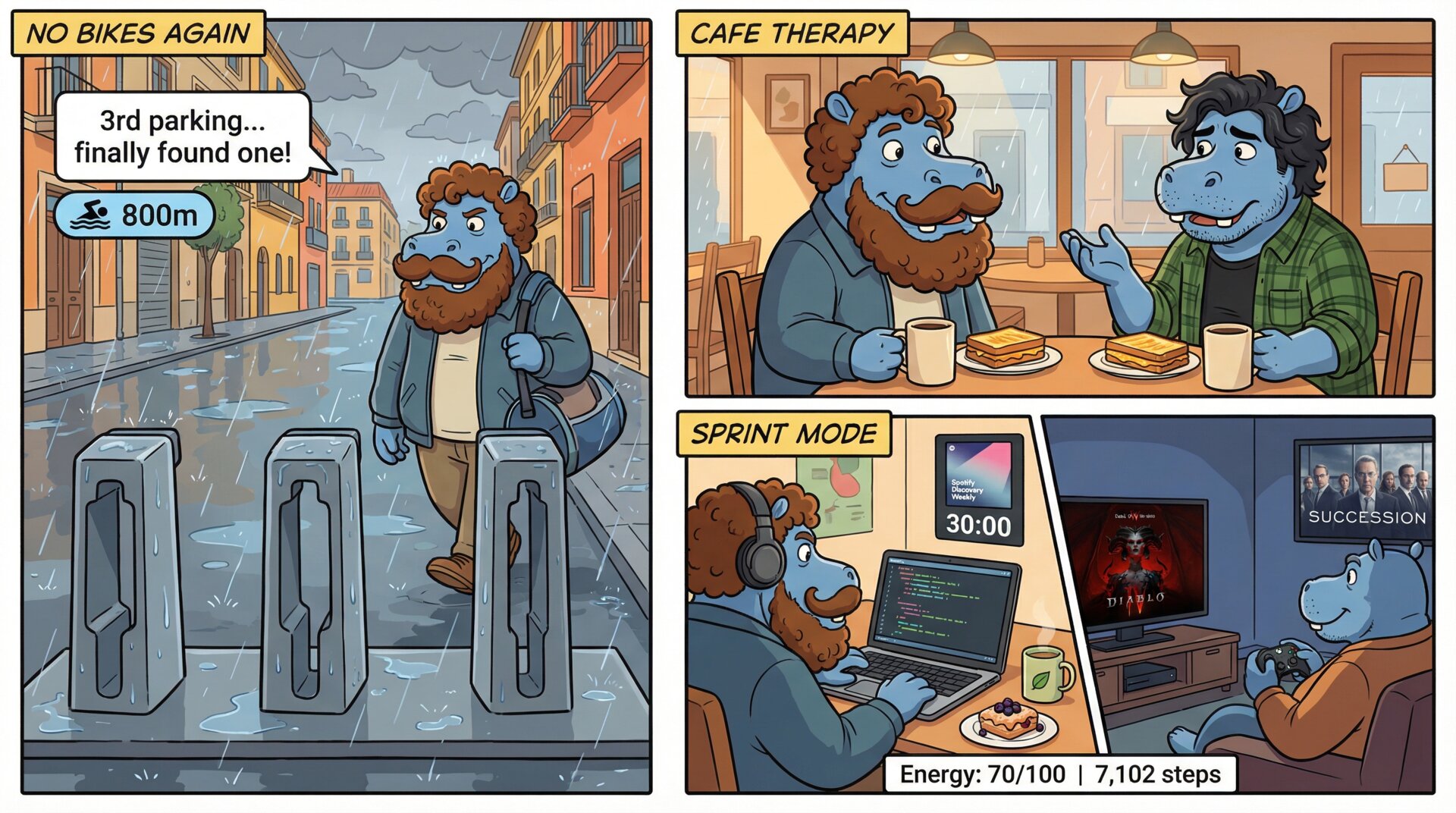 Comic for 2026-02-09: Sunday — rain showers and rest. Cooked a proper meal for the first time in days.