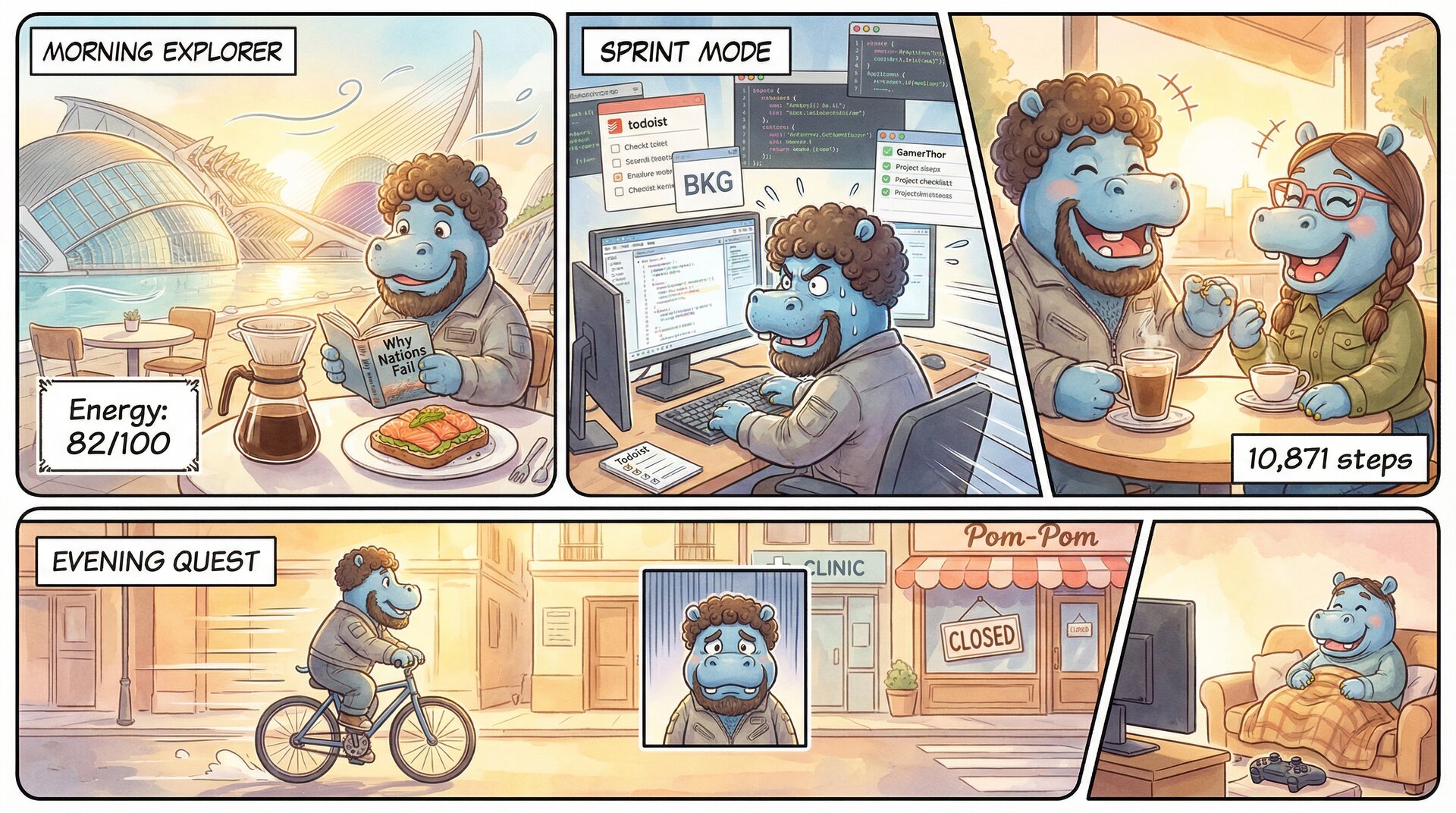 Comic for 2026-02-10: Twenty-three degrees in February. The terrace was calling, so I worked outside f