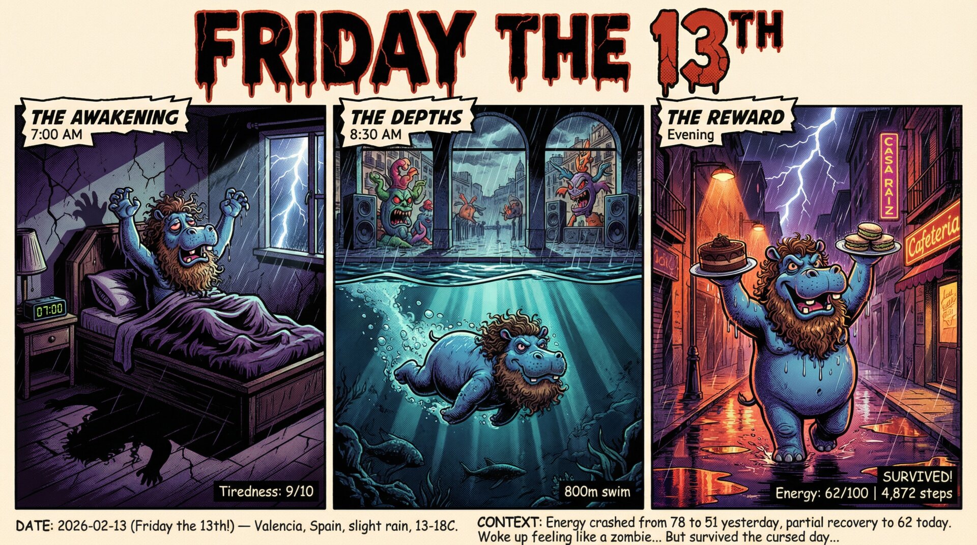 Comic for 2026-02-13: Friday the thirteenth lived up to its name. Zombie morning, survived through lap