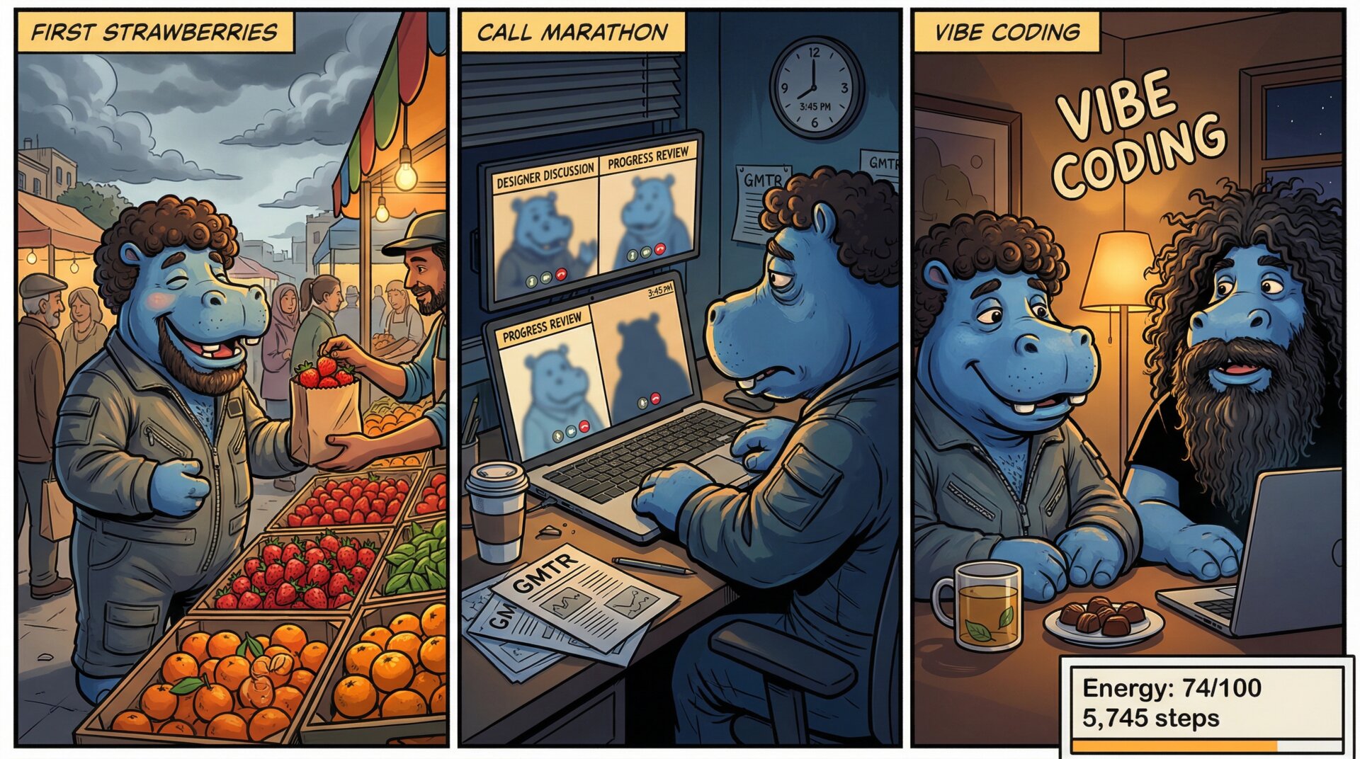 Comic for 2026-02-19: Market colors in the morning, office blue in the afternoon, amber evening light.