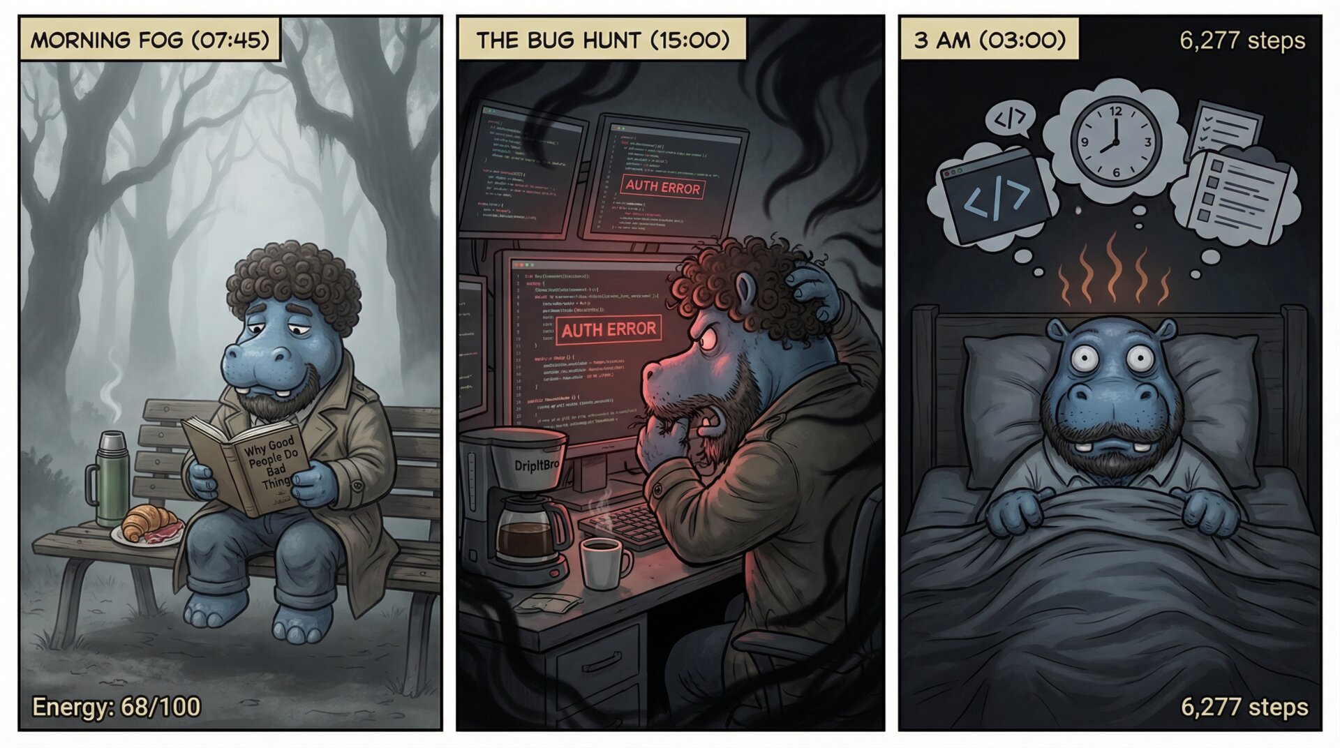 Comic for 2026-02-26: Anxiety crept in before dawn and stayed. One of those days where the day feels l