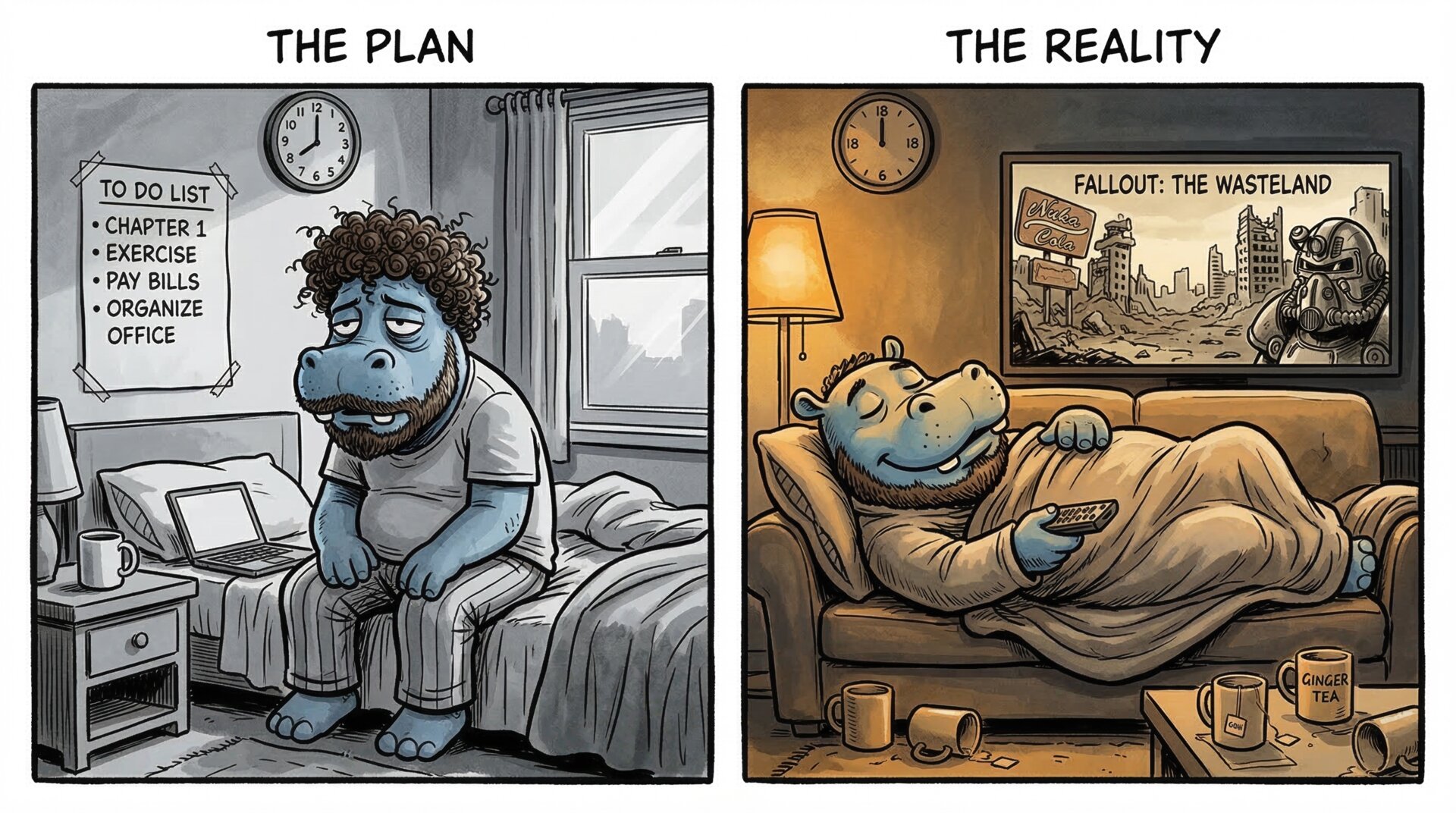 Comic for 2026-03-10: Overcast and muted. Worked in noir tones — dark coffee, dim screen, amber desk l