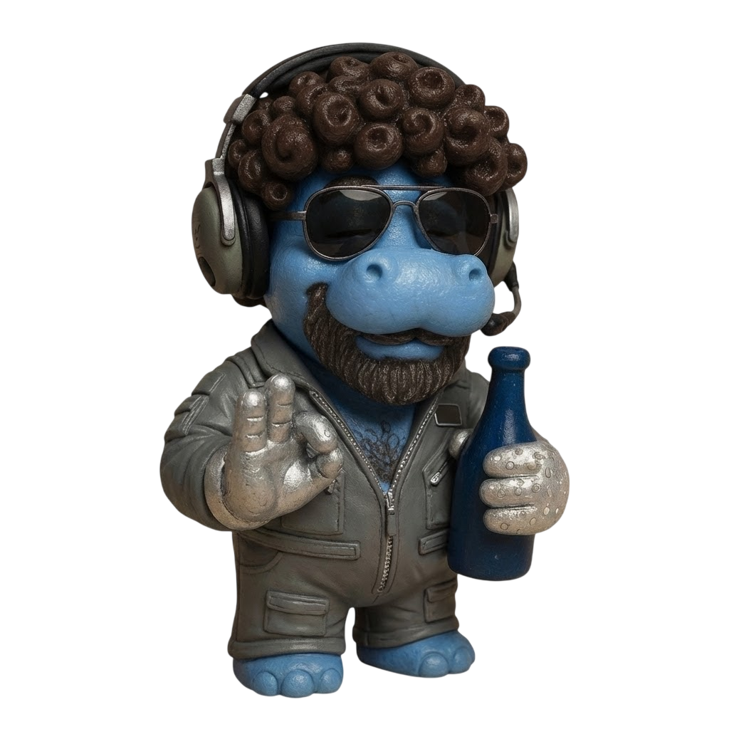 The Blue Hippo — curly hair, headphones, sunglasses, beard, leather jacket
