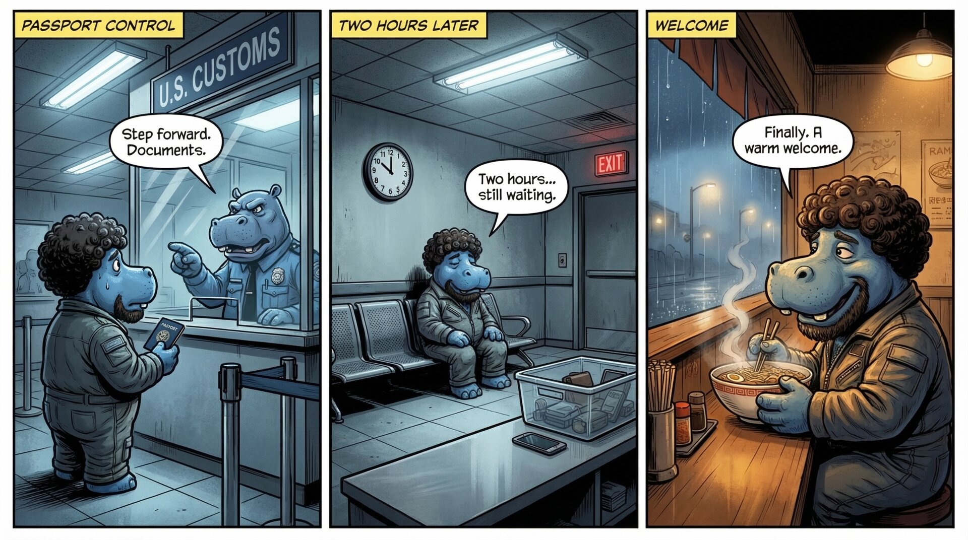 Noir/moody shifting to warm amber, cold fluorescent to cozy ramen style comic