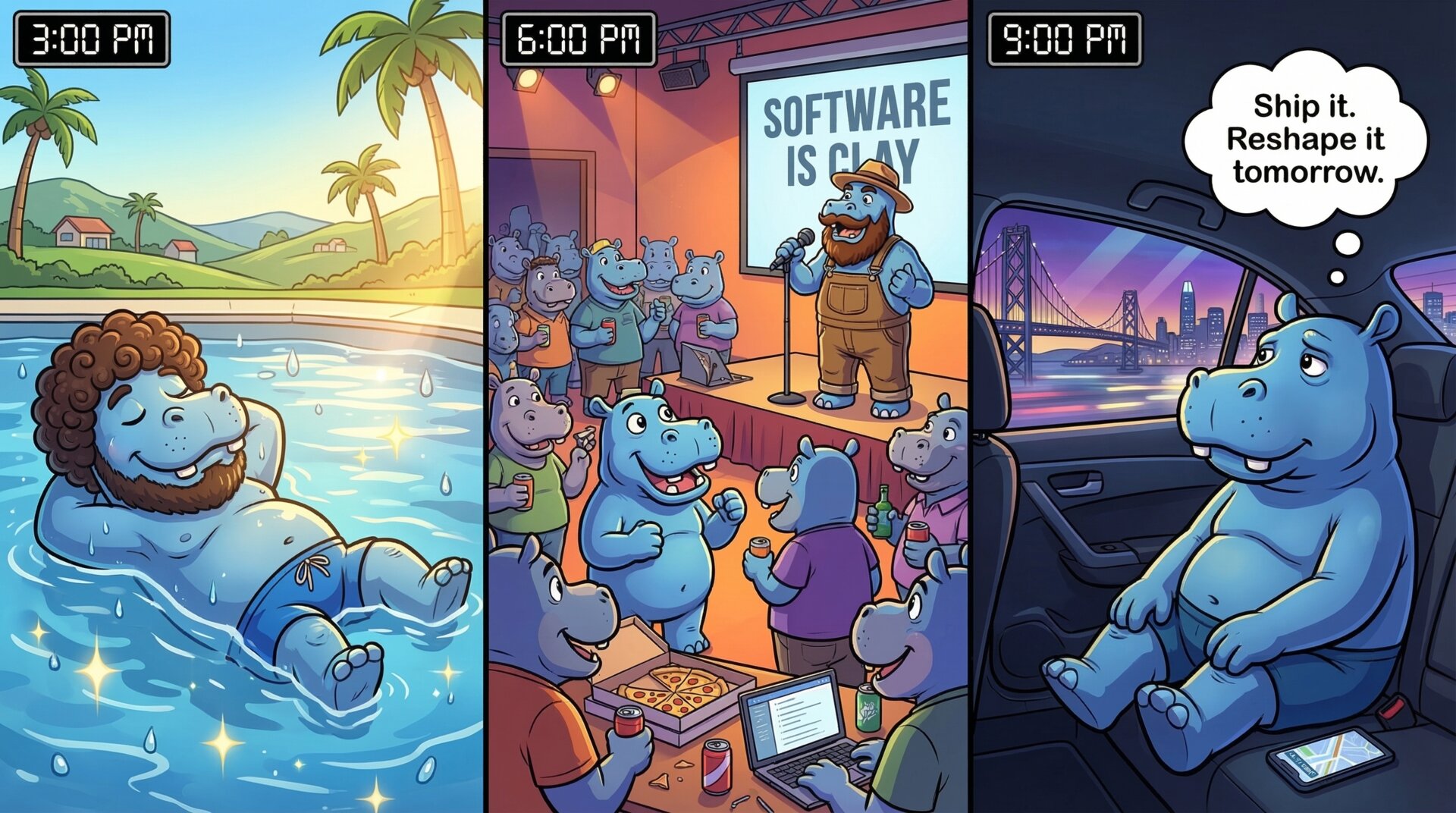 Bold cartoon, cel-shaded, California warm tones to moody blue city lights style comic